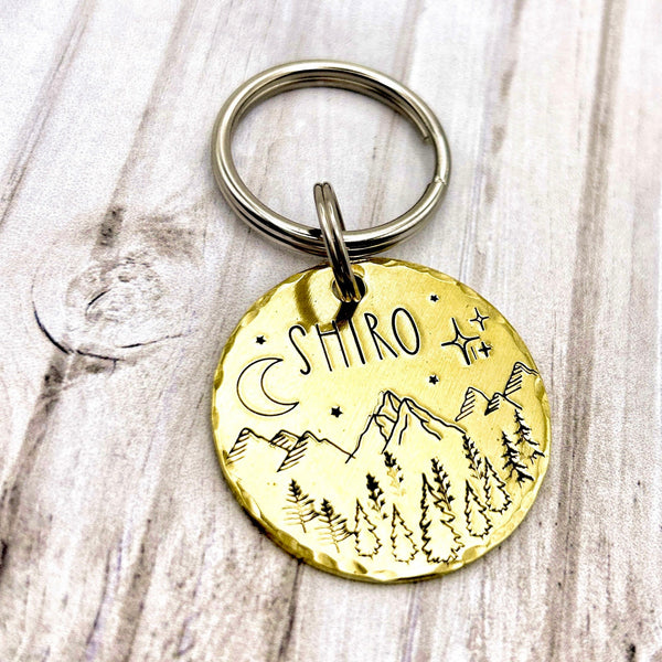 Médaille pour Chien en Laiton - Médaillon Personnalisé - Montagnes et Arbres