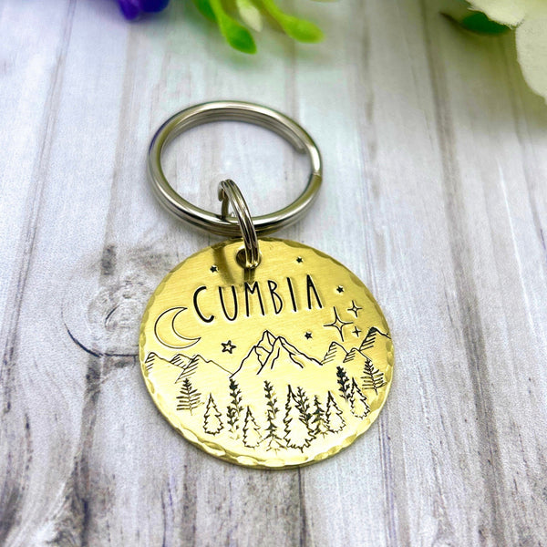 Médaille pour Chien en Laiton - Médaillon Personnalisé - Montagnes et Arbres