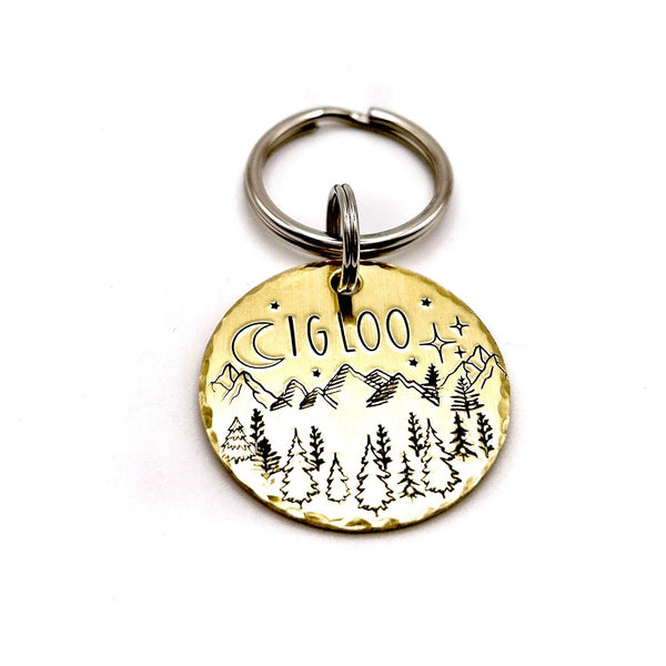 Médaille pour Chien en Laiton - Médaillon Personnalisé - Montagnes et Arbres