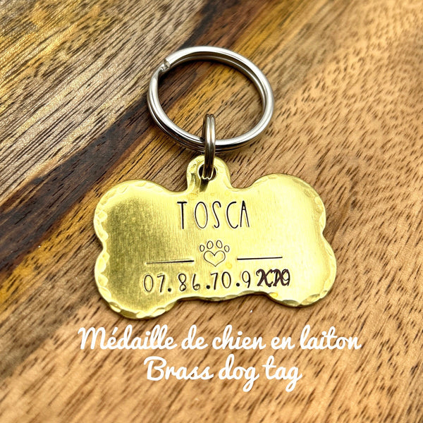 Médaille Personnalisée pour Chien, Os en Laiton, Médaillon Gravé, Couleur Or