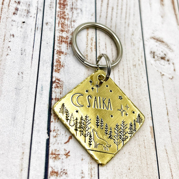 Médaille pour Chien, Personnalisable, Loup et Lune, Forêt