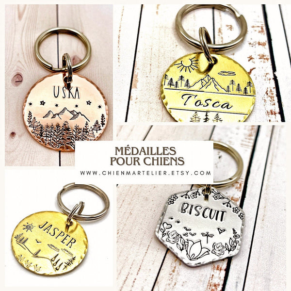 Médaille d'identité Chien, Médaillon Personnalisé avec Montagnes et Forêt, Médaille en Laiton pour un Chien