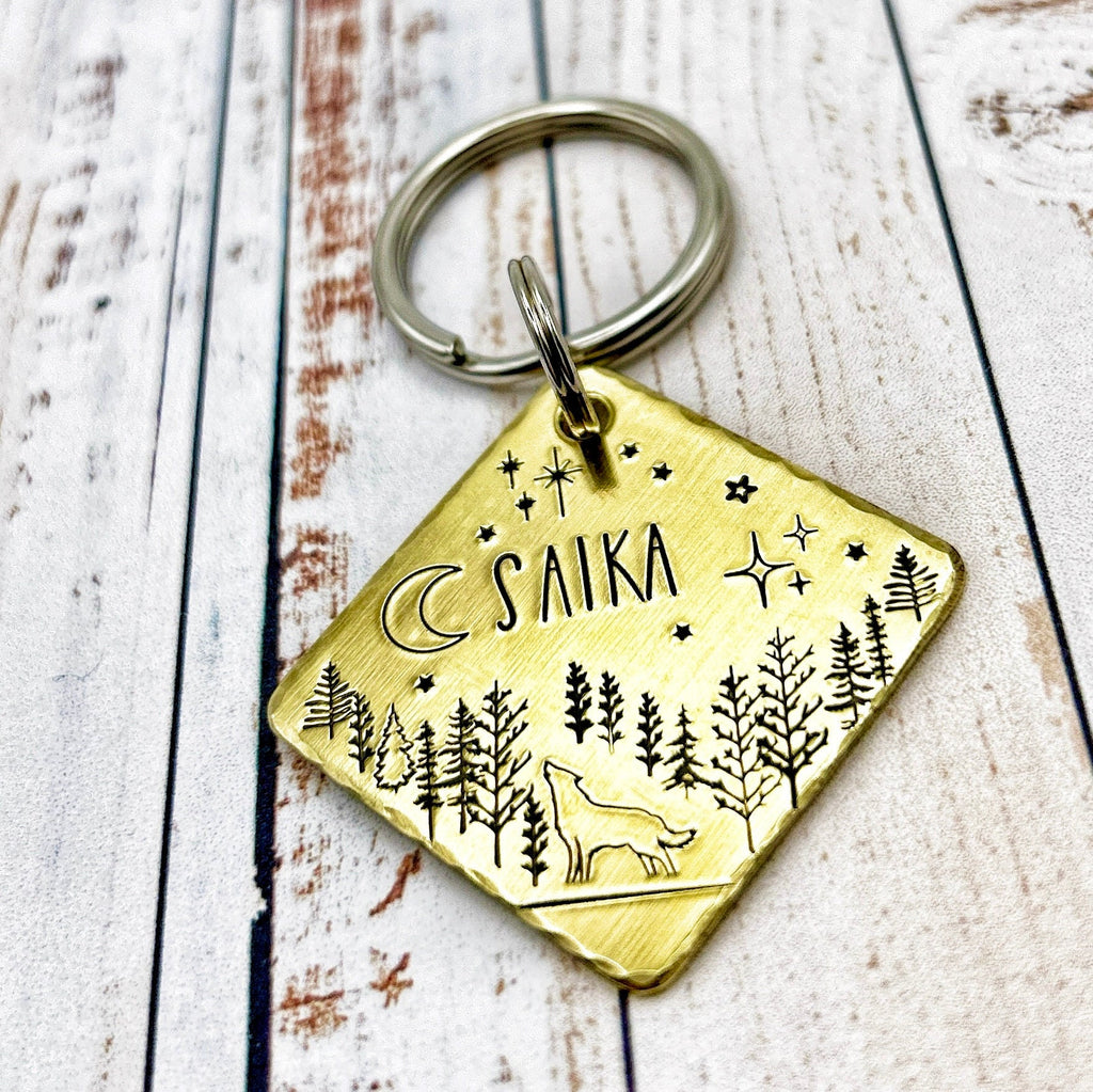 Médaille pour Chien, Personnalisable, Loup et Lune, Forêt