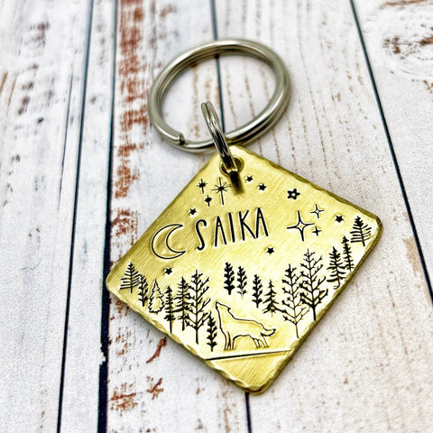 Médaille pour Chien, Personnalisable, Loup et Lune, Forêt