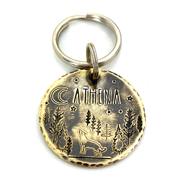 Médaille Personnalisée pour Chien, Médaillon en Laiton, Montagnes et Arbres, Médaille avec Loup