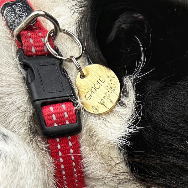 Médaille de Chien Personnalisée - Médaille en Laiton pour Chien - Fleurs et Nature