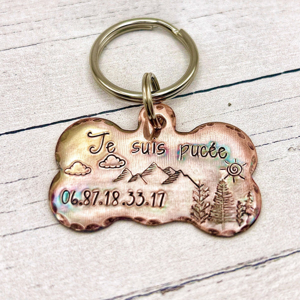 Médaillon d'identité Chien, Médaille Chien Os en Cuivre, Montagnes et Arbres