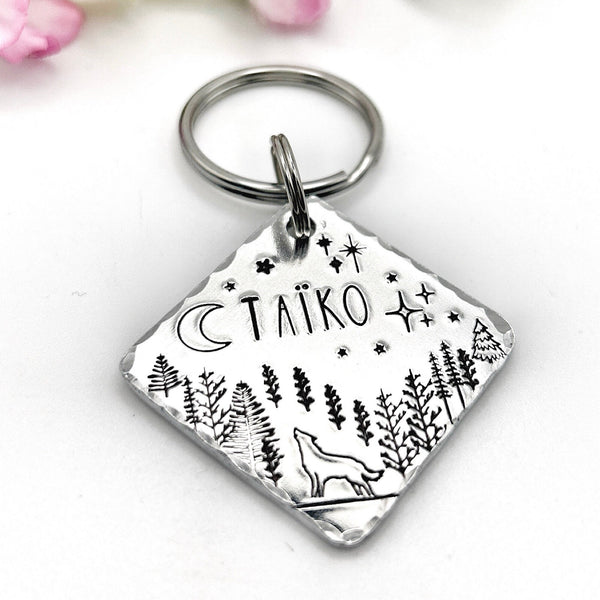 Médaillon d'identification, Médaille avec Loup, Lune et Arbres, Personnalisée