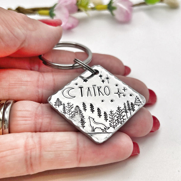 Médaillon d'identification, Médaille avec Loup, Lune et Arbres, Personnalisée