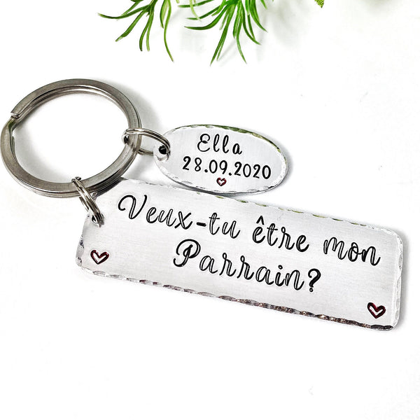 Parrain Porte Clé, Hand Stamped Veux-tu être mon Parrain?, French Keyring for Godfather, Demande Parrain