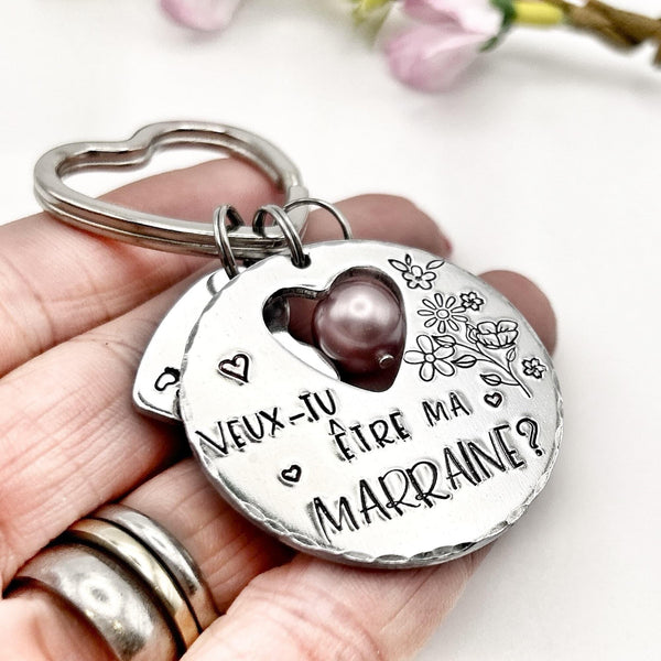 Porte-clé personnalisé – “Veux-tu être ma marraine ?” – Perle rose ou bleue, petit cœur avec prénom