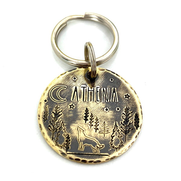 Médaille Personnalisée pour Chien, Médaillon en Laiton, Montagnes et Arbres, Médaille avec Loup