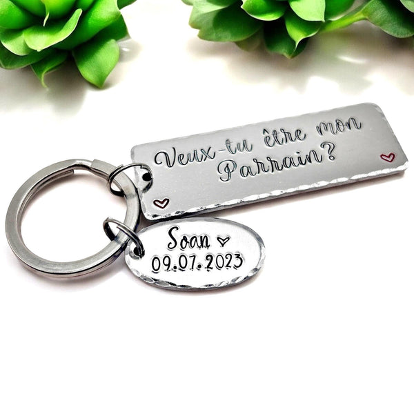 Parrain Porte Clé, Hand Stamped Veux-tu être mon Parrain?, French Keyring for Godfather, Demande Parrain