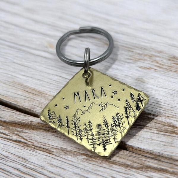 Hand Stamped Hexagonal Dog Tag – Forest & Mountain Design – Brass, Copper or Aluminium Pet Tag