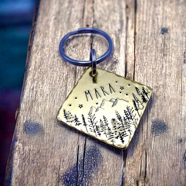 Médaille Personnalisée pour Chien, Personnalisable, Forêt et Montagnes