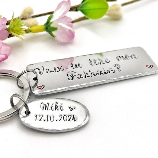 Parrain Porte Clé, Hand Stamped Veux-tu être mon Parrain?, French Keyring for Godfather, Demande Parrain