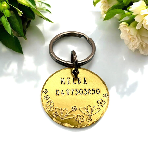 Médaillon d'identité pour Chien, Médaillon Personnalisé, Laiton, Fleurs