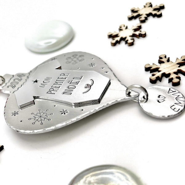 French Personalized Christmas Tree Ornament , First Christmas Ornament , Custom Tree Decoration, Stamped Tree Decoration