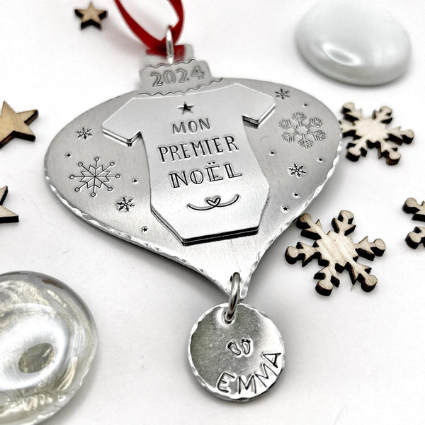 French Personalized Christmas Tree Ornament , First Christmas Ornament , Custom Tree Decoration, Stamped Tree Decoration