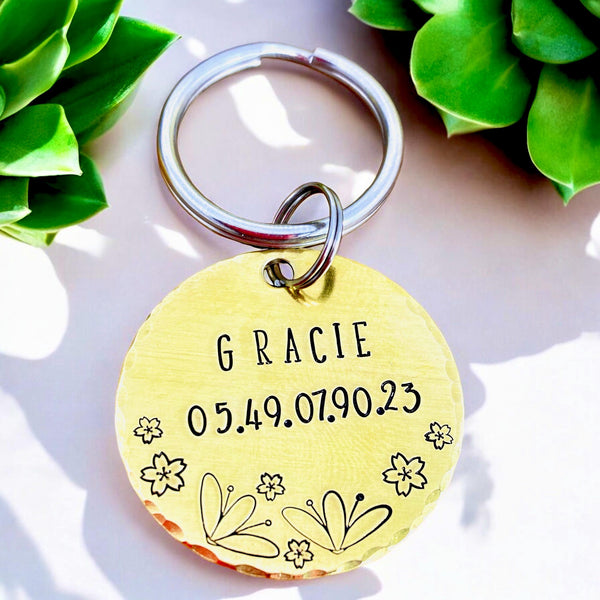 Médaillon d'identité pour Chien, Médaillon Personnalisé, Laiton, Fleurs