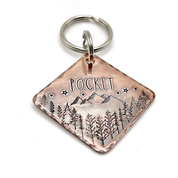 Médaillon d'identité Chien, Médaille en Cuivre, Montagnes et Arbres, Fait Main