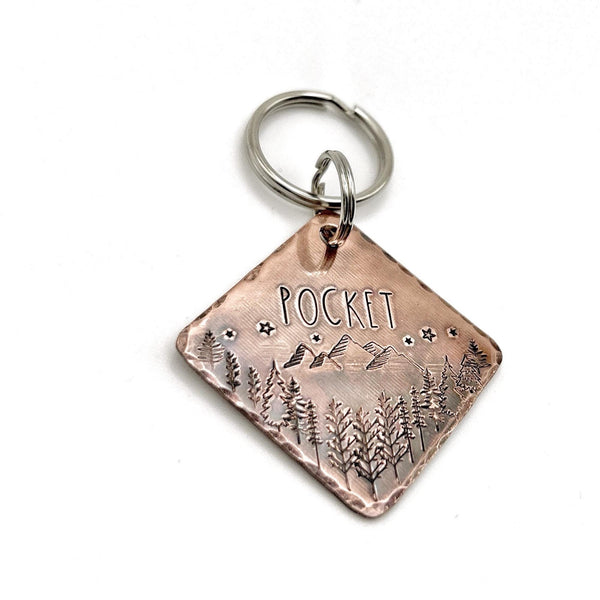 Médaillon d'identité Chien, Médaille en Cuivre, Montagnes et Arbres, Fait Main