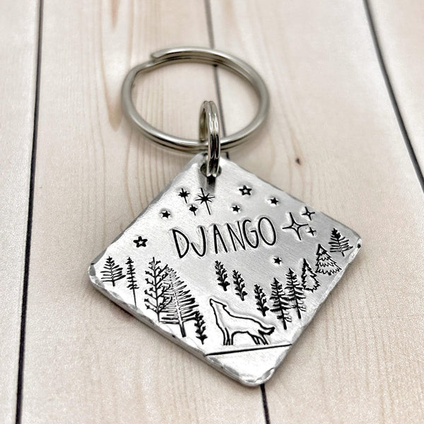 Médaillon d'identification, Médaille avec Loup, Lune et Arbres, Personnalisée