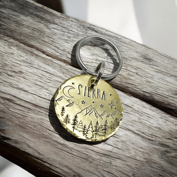 Médaille pour Chien en Laiton - Médaillon Personnalisé - Montagnes et Arbres