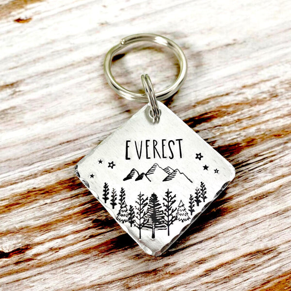 Hand Stamped Hexagonal Dog Tag – Forest & Mountain Design – Brass, Copper or Aluminium Pet Tag