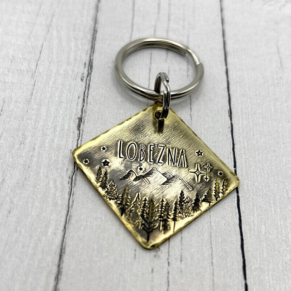 Médaillon d'identité Chien, Médaille Personnalisée, Montagnes et Forêt, Laiton Vieilli Chien