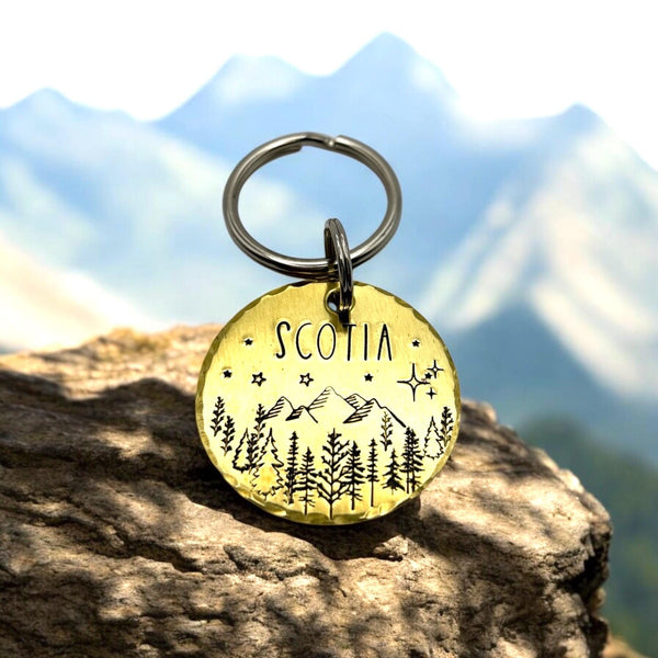 Médaille Personnalisée pour un Chien, Montagnes et Forêt, Médaillon Argent avec Nom et Numéro