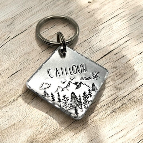 Médaillon d'identité Chien, Médaillon Personnalisé, Médaille Chien avec Montagne et Arbres