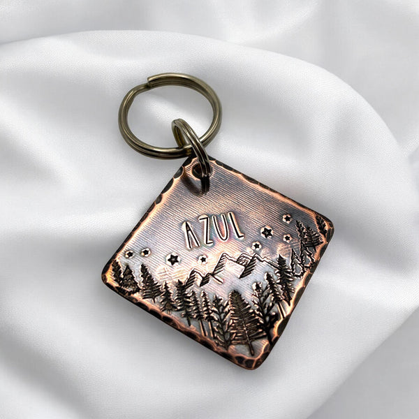 Médaillon d'identité Chien, Médaille en Cuivre, Montagnes et Arbres, Fait Main