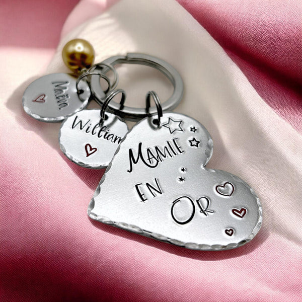 Porte Clé Mamie, Cadeau Personnalisé Mamie en Or, Porte Clef avec Noms