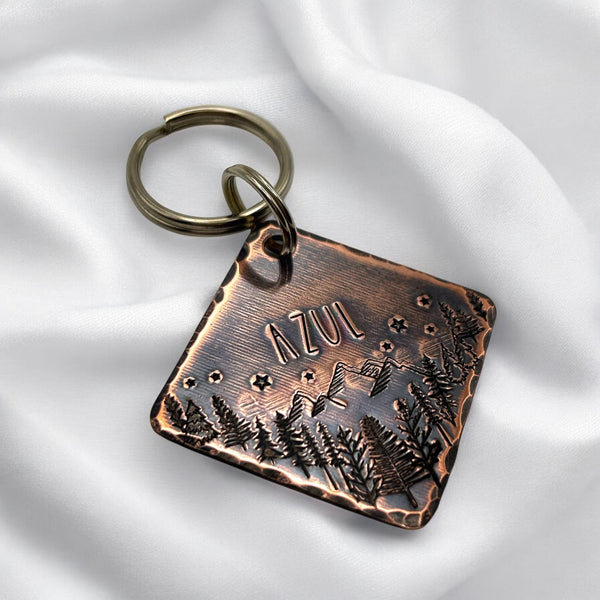 Médaillon d'identité Chien, Médaille en Cuivre, Montagnes et Arbres, Fait Main
