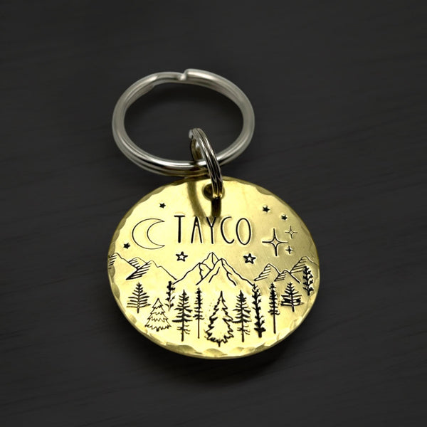 Médaille pour Chien en Laiton - Médaillon Personnalisé - Montagnes et Arbres