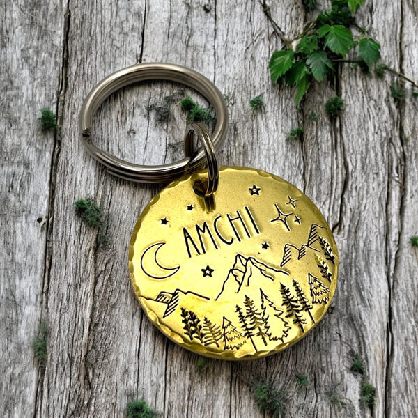 Médaille pour Chien en Laiton - Médaillon Personnalisé - Montagnes et Arbres