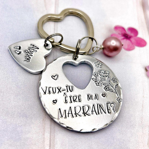 Porte-clé personnalisé – “Veux-tu être ma marraine ?” – Perle rose ou bleue, petit cœur avec prénom