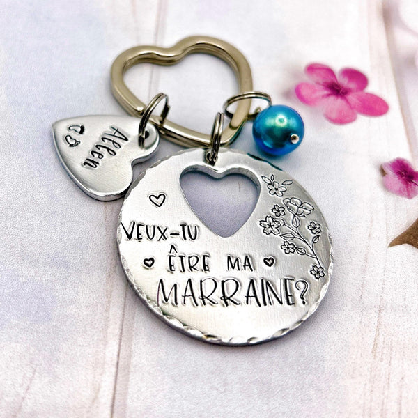 Porte-clé personnalisé – “Veux-tu être ma marraine ?” – Perle rose ou bleue, petit cœur avec prénom