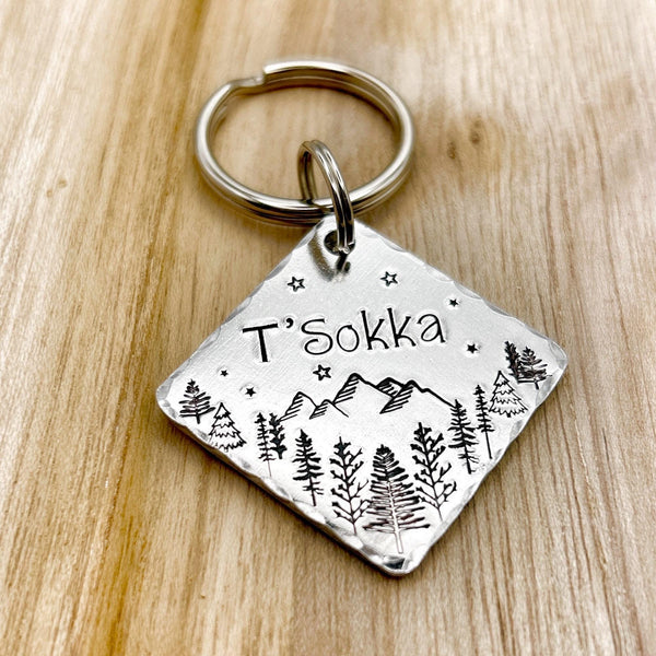 Hand Stamped Hexagonal Dog Tag – Forest & Mountain Design – Brass, Copper or Aluminium Pet Tag