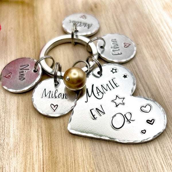 Porte Clé Mamie, Cadeau Personnalisé Mamie en Or, Porte Clef avec Noms