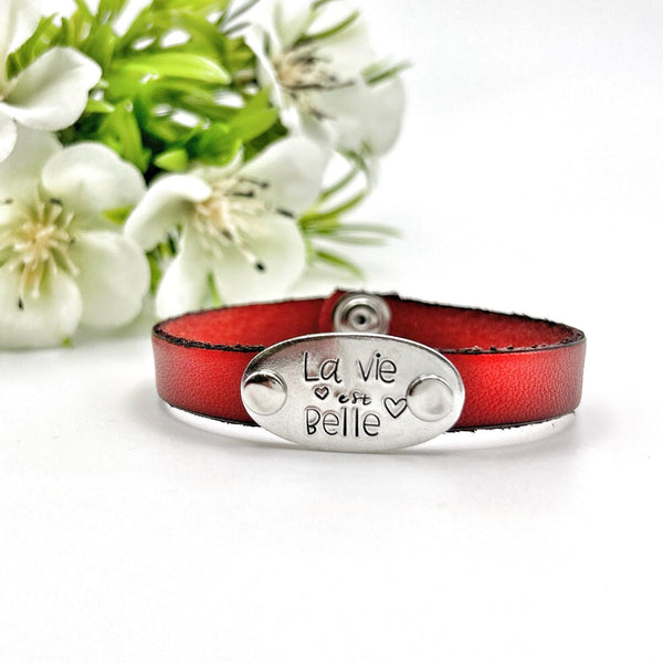 Bracelet en cuir – "La vie est belle" – Bijou Gravé Inspirant