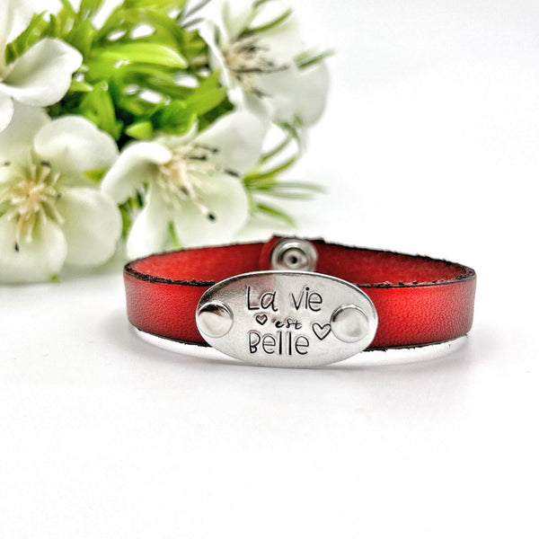 Bracelet en cuir – "La vie est belle" – Bijou Gravé Inspirant