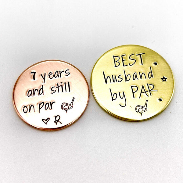 Copper Golf Ball Marker – Hand Stamped "7 Years and Still on Par" – Anniversary Gift for Him, Golf Token