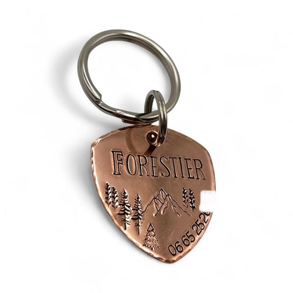 Médaille de Chien en Cuivre Laiton ou Aluminium, Personnalisable Nom et Numéro, Montagnes et Forêt