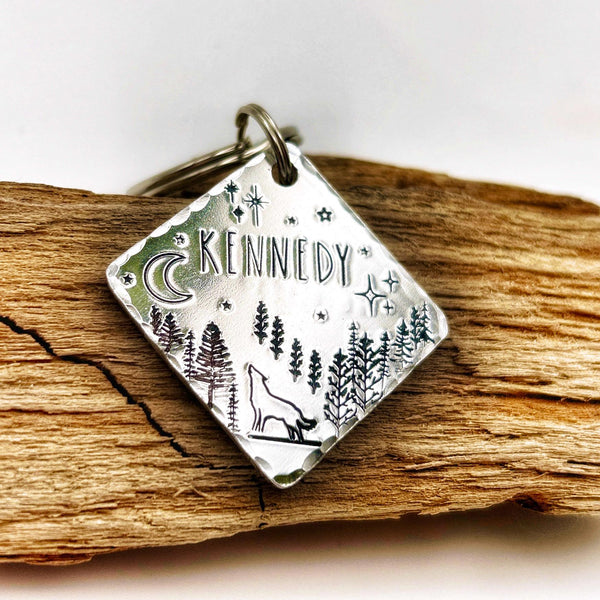 Médaillon d'identification, Médaille avec Loup, Lune et Arbres, Personnalisée