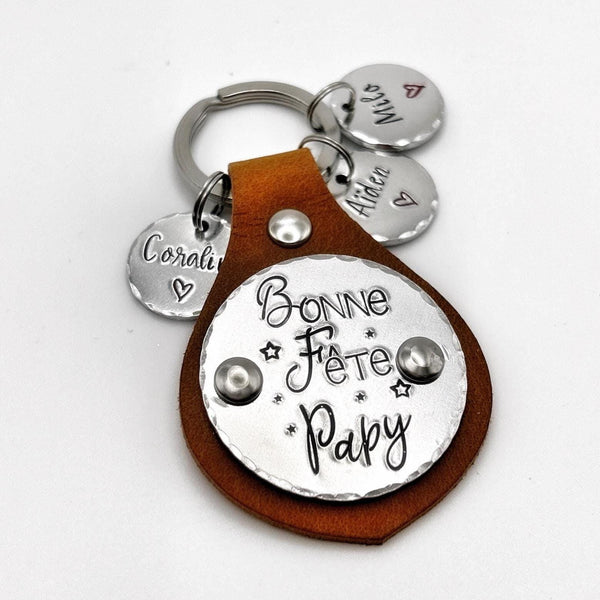 Porte-clés personnalisé en cuir et aluminium | Cadeau Fête des Grands-Pères | Porte Clé Personnalisé Papy Papi