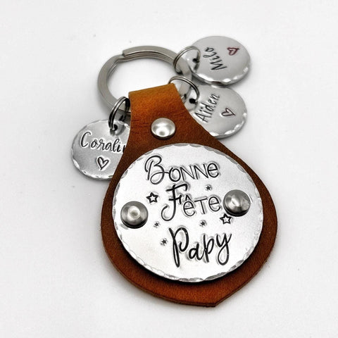 Porte-clés personnalisé en cuir et aluminium | Cadeau Fête des Grands-Pères | Porte Clé Personnalisé Papy Papi