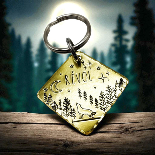 Médaille pour Chien, Personnalisable, Loup et Lune, Forêt