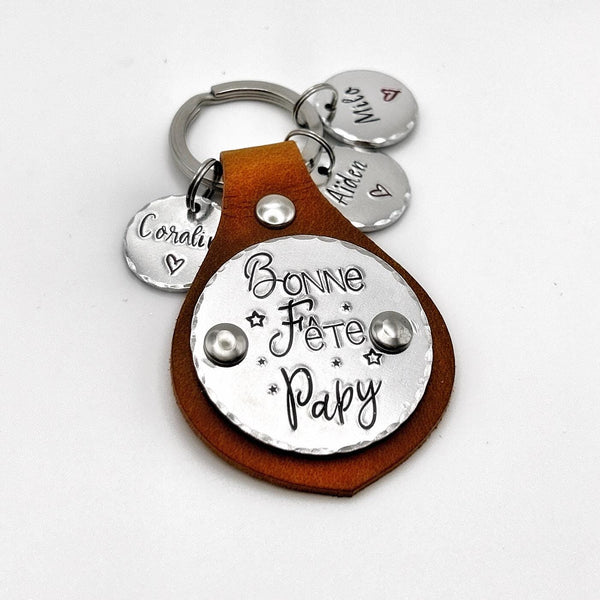 Porte-clés personnalisé en cuir et aluminium | Cadeau Fête des Grands-Pères | Porte Clé Personnalisé Papy Papi